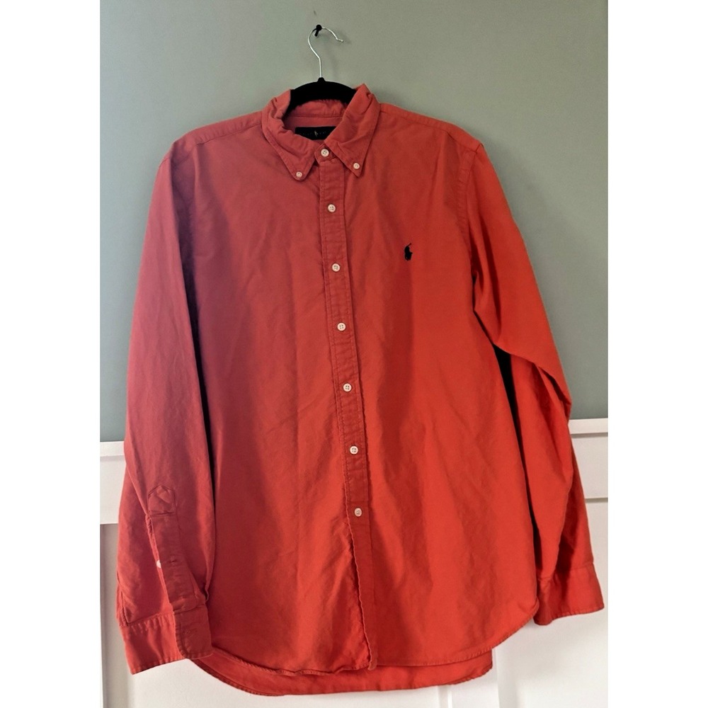 Vintage Ralph‎ Lauren Polo Shirt Mens Large Orange Short Sleeve Button Down Pony